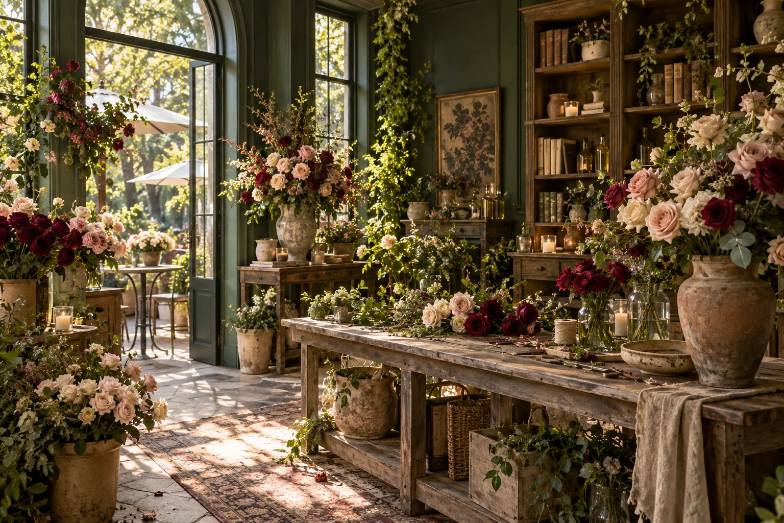 Fresh roses and greenery in the flower room